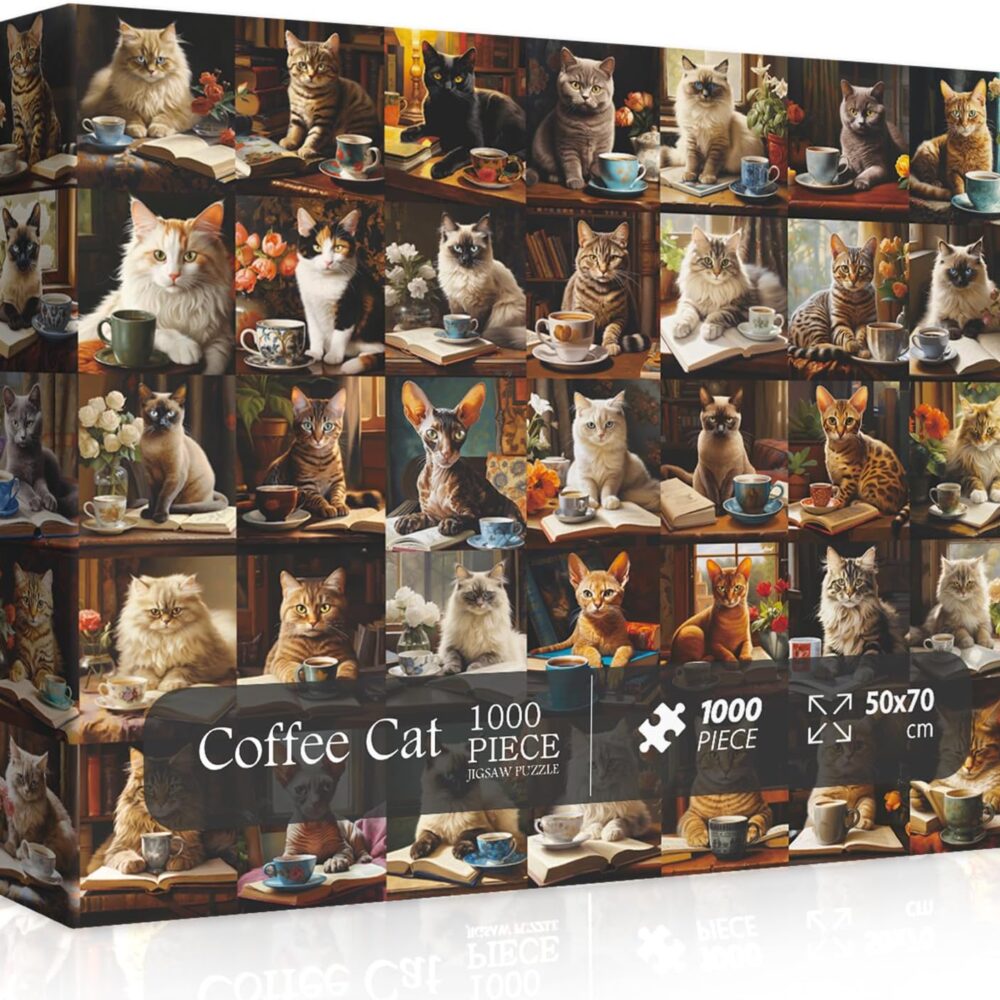 1000pce Quality Jigsaw Puzzle - Coffee Cats Montage Design